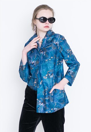 VINTAGE BLUE PATTERNED LONG SLEEVE RETRO SHIRT