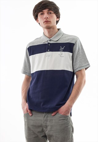 VINTAGE YVES SAINT LAURENT 90S NAVY BLUE GREY SHORT SLEEVE