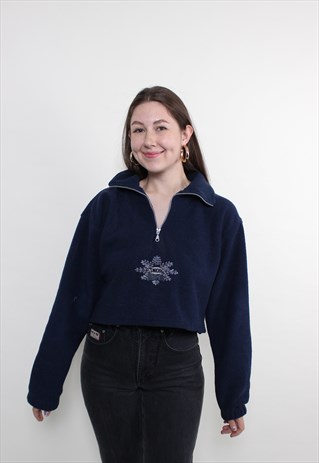 VINTAGE 90S CROP FLEECE, BLUE EMBROIDERED LOOSE FLEECE TOP 