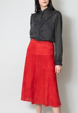 80's Red Suede Perforated Vintage Ladies Midi Skirt