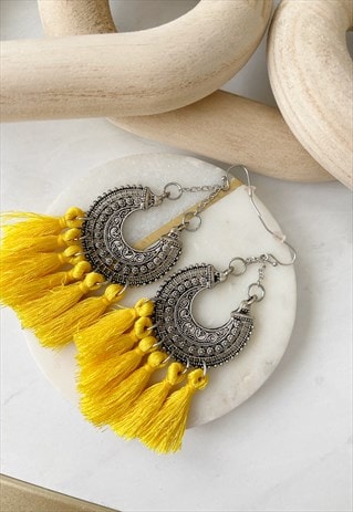 Antique Silver Fringe Hook Yellow Tassel  Drop Earrings