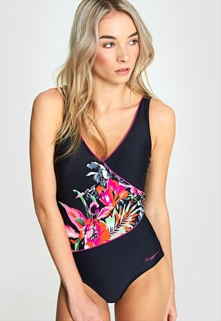 ZOGGS LATINO LOVE WRAP FASHION PRINT SWIMSUIT - BLACK/MULTI