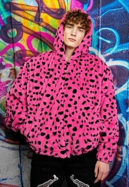 Leopard fleece hooded jacket detachable animal print bomber