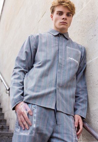 DEMOS 50-60S VINTAGE GREY STRIPED WOOL FABRIC SHIRTS JACKET