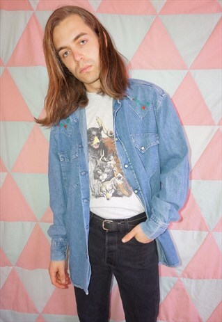 VINTAGE 80'S DENIM SHIRT WITH FLORAL DETAILS
