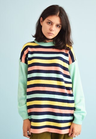 80'S RETRO COLOUR BLOCK KNIT STRIPED OVERSIZED MOMS JUMPER