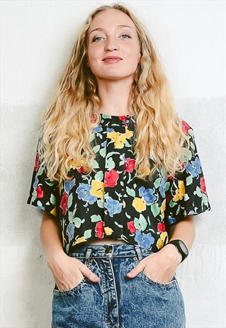 REWORKED VINTAGE 90S BLACK FLORAL CROPPED SHIRT