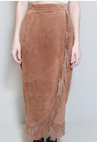 VINTAGE 1970'S PREMIUM BROWN SUEDE FRINGED WRAP SKIRT