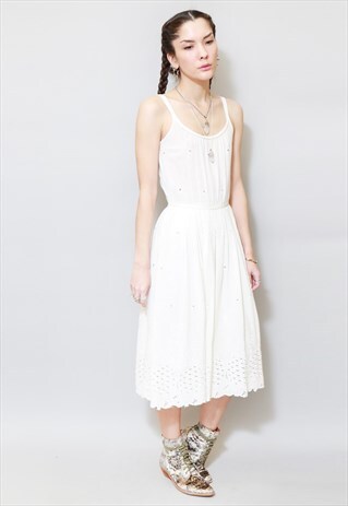 VINTAGE 1970'S LOUIS FERAUD WHITE FOLK MIDI DRESS