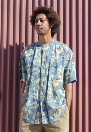 90S HAWAIIAN PRINT LINEN BLEND ROUND COLLAR SHIRT LARGE