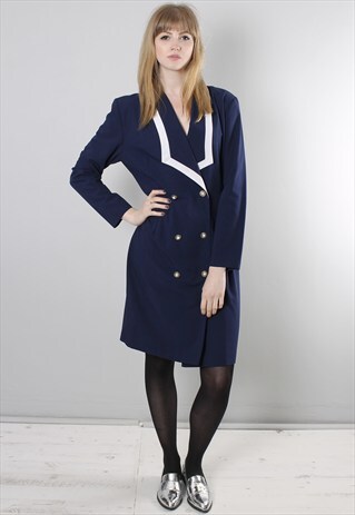 VINTAGE 80S BLUE DOUBLE BREASTED LONG SLEEVED LAPEL DRESS