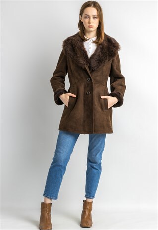 WOMEN SHEEPSKIN COAT 70S, SIZE M, BROWN SUEDE VINTAGE 5922