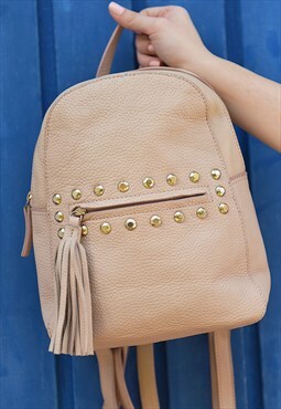 Pale Beige Real Leather Rucksack with Studs & Tassles