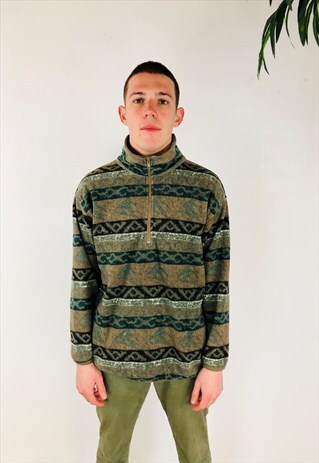 GREEN AND BROWN ABSTRACT PATTERN HALF ZIP FLEECE