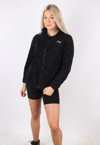 VINTAGE FILA SPORT FLEECE JUMPER JACKET BLACK SMALL WOMEN'S