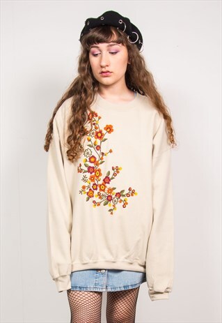 VINTAGE 90'S BEIGE FLORAL PRINT CUTE SWEATSHIRT