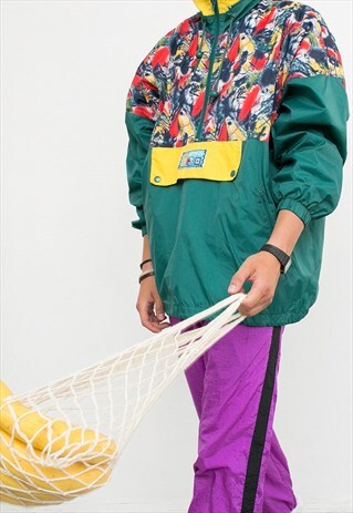GREEN NYLON OUTDOOR HOODED WINDBREAKER QUARTER ZIP JACKET