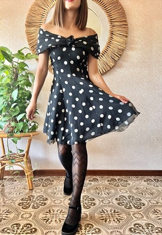 1980's vintage off the shoulder polka dot mini dress