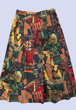 Multicoloured Wool Pleated Midi Ethnic Tribal Print Skirt