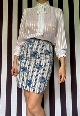 Vintage 80s Floral Denim Mini Skirt, Blue White, UK8/10