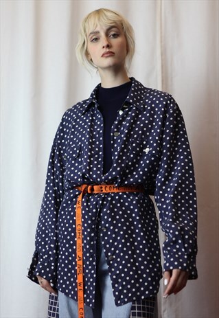 VINTAGE 90'S OVERSIZE SILKY POLKA DOT SHIRT IN NAVY BLUE