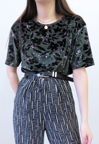 VINTAGE 80S DARK GREEN & LILAC VELVET METALLIC FLORAL BLOUSE