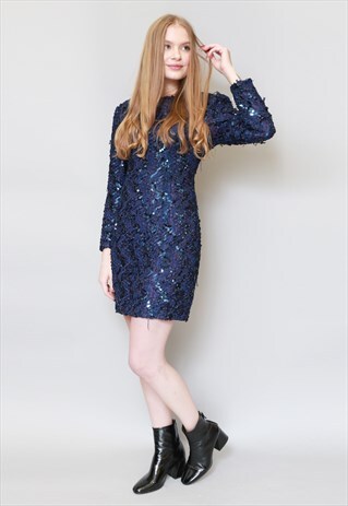 VINTAGE 1980'S BLUE SEQUIN SHUET MINI DRESS