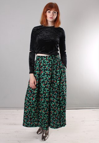 VINTAGE 80S HOLLY PATTERNED CHRISTMAS MAXI SKIRT