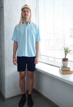 Vintage White/Blue Striped Short Sleeved Cotton Shirt