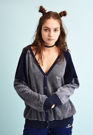 80'S RETRO VELVET KNIT ATHLEISURE OVERSIZED CARDIGAN
