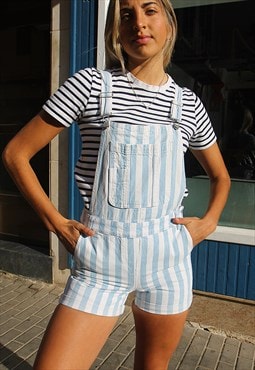 Womens Short Dungarees in Blue Stripe