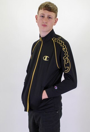 VINTAGE CHAMPION SPELL OUT JACKET IN BLACK SMALL