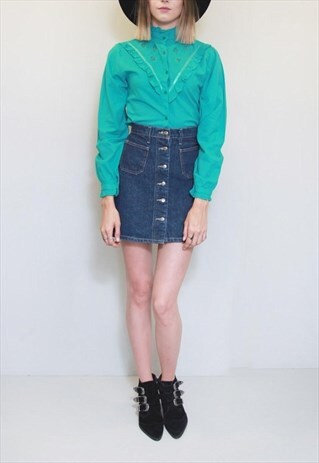 VINTAGE 1970'S VIBRANT GREEN RUFFLED VICTORIANA BLOUSE