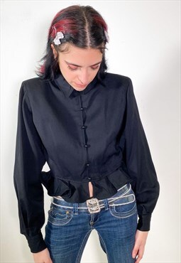 Vintage 90s ruches black wool blouse 