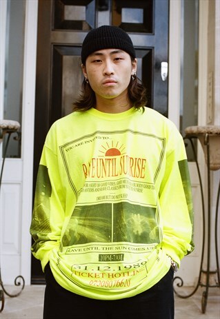 LONG SLEEVED T-SHIRT IN SAFETY GREEN RAVE FLYER
