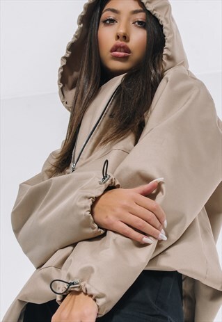 OVERSIZED WINDBREAKER HOODIE IN MOCCA BEIGE