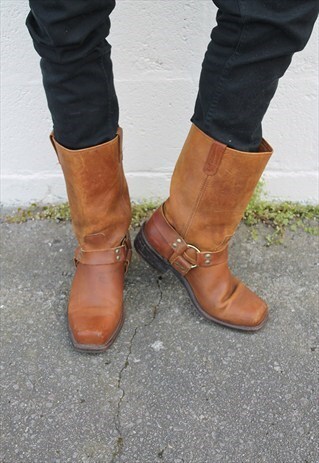 VINTAGE 90S TAN LEATHER HIGH WESTERN/BIKER RING BOOTS UK11