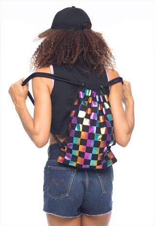 BLACK & RAINBOW FOIL CHECK PRINT DRAWSTRING BAG