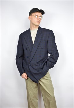 Vintage dark blue checkered classic 80's wool suit blazer