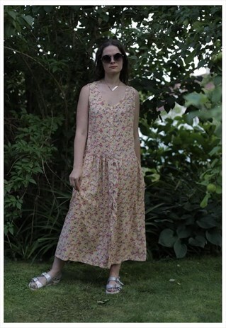 VINTAGE 80'S YELLOW FLOWER PRINT SLEEVELESS DRESS