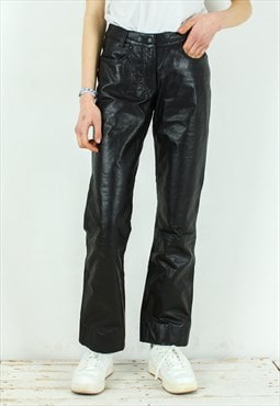 POLO Black Leather Pants Straight Trousers Mid Waist Biker
