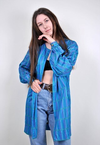 VINTAGE LONG COLORFUL CLOAK, 90S BLUE BRIGHT ABSTRACT BLOUSE