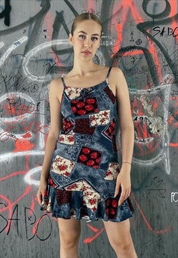 Vintage Y2K Petite Strappy Denim&Floral Pattern Dress XS