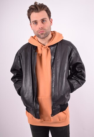 MENS VINTAGE LEATHER JACKET LARGE BLACK 90'S