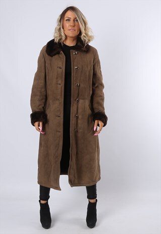 SHEEPSKIN SHEARLING SUEDE LONG COAT UK 12 (C8DW)