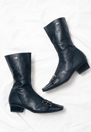 Vintage Y2K Buffalo Leather Boots in Black w Buckle