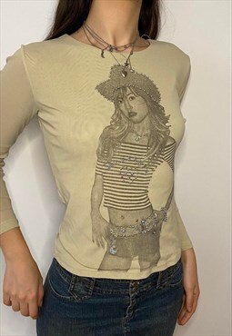 Y2K Cowgirl Print Beaded Long Sleeve Top