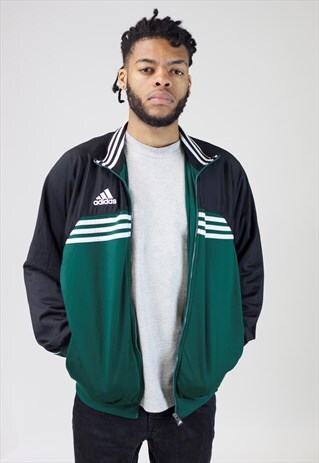 VINTAGE ADIDAS BLACK AND GREEN ZIP UP 90'S JACKET
