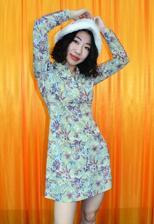 VINTAGE 80'S MINI DRESS BEIGE PURPLE FLORAL LONG SLEEVED