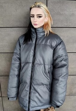 Faux leather quilted bomber rubber padded puffer jacket grey